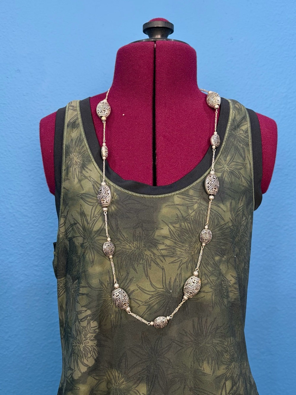 Coldwater Creek Silver Long Southwest Style Ornate Beaded Necklace Double Chain